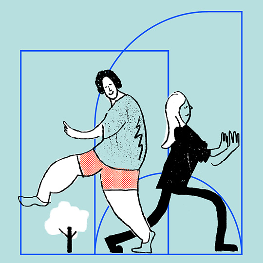 An abstract illustration of one person walking and another doing a yoga pose in a park.